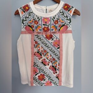 Anthropologie Tiny Embroidered Floral Sleeveless Tank Tee Top